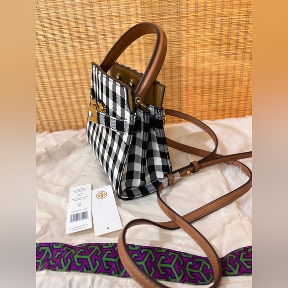 NWT Tory Burch Lee Radziwill gingham petite double bag BLACK/NEW IVORY GINGHAM - Picture 3 of 8